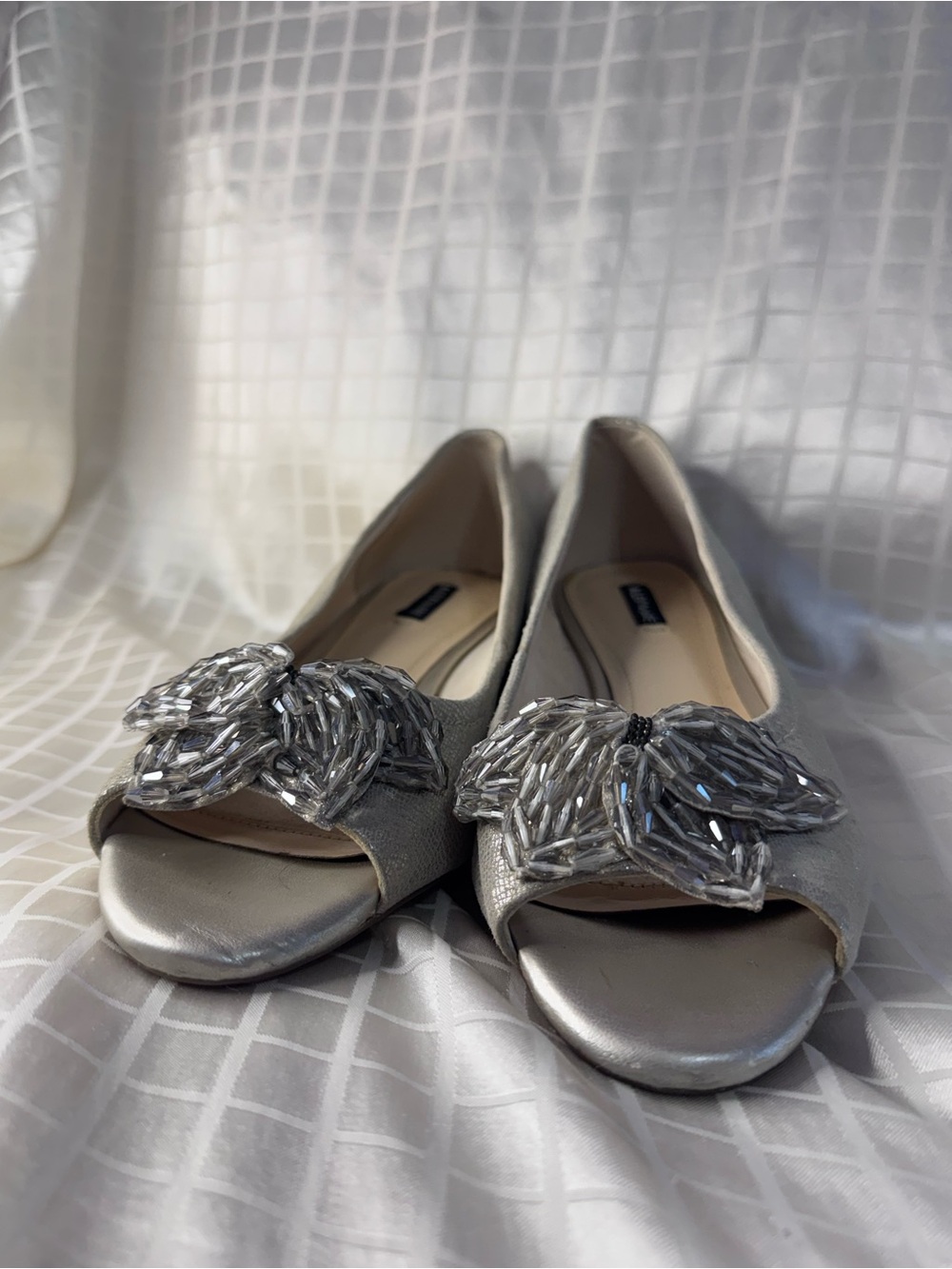 Alex Marie Silver Peep-Toe Flats with Beaded Leaf Accent